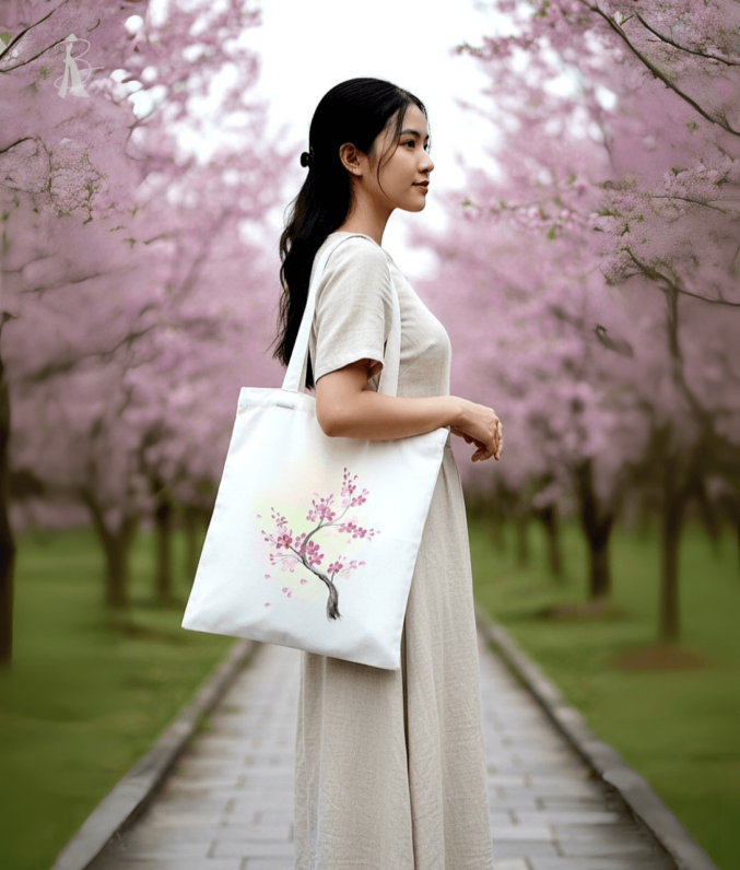 túi vải bố vẽ tay hoa đào