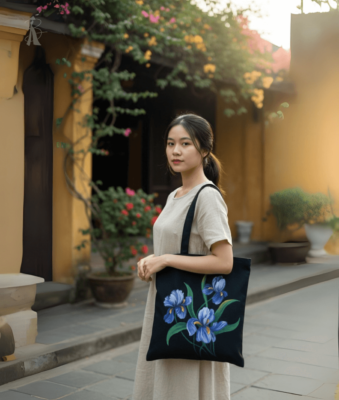 túi vải bố vẽ tay hoa diên vĩ xanh