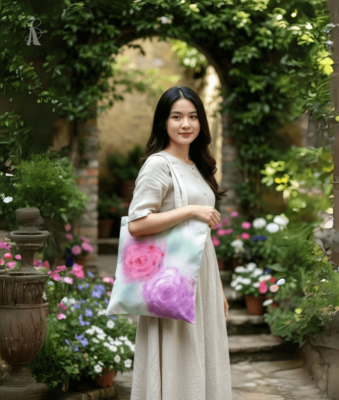 Túi vải bố vẽ tay hoa hồng