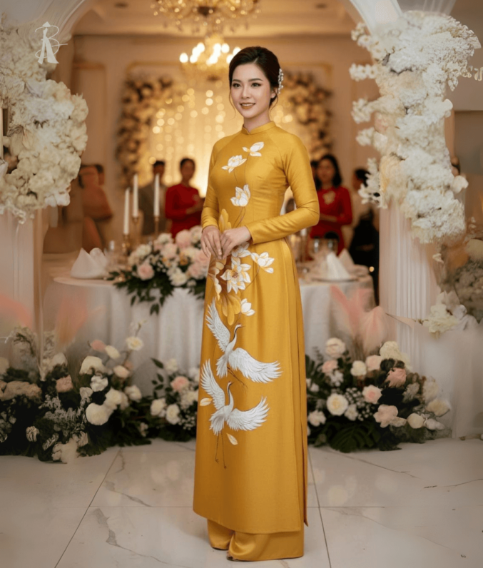 Vải áo dài vẽ tay hoa sen đôi hạc