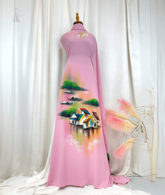 Vải áo dài vẽ tay phong cảnh