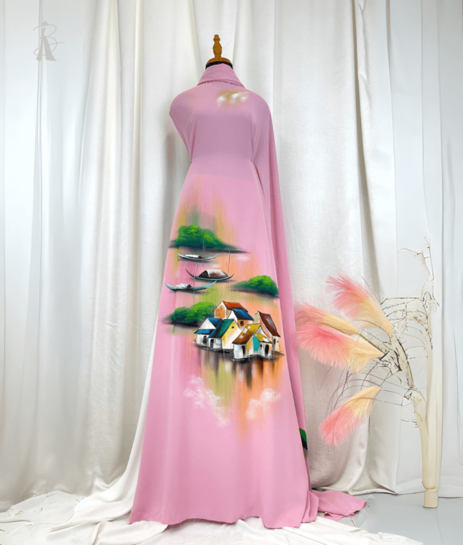 Vải áo dài vẽ tay phong cảnh