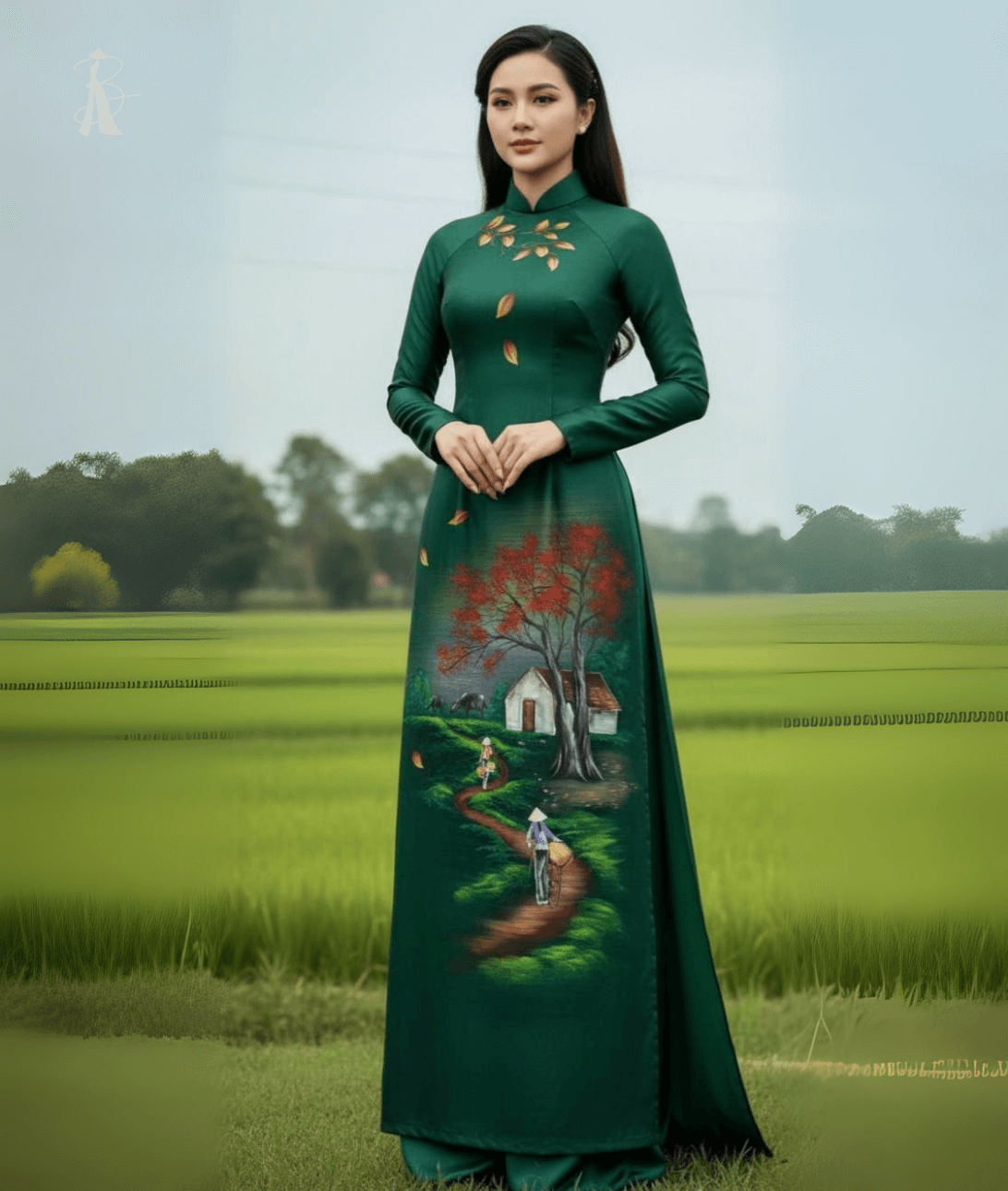 Vải áo dài vẽ tay phong cảnh