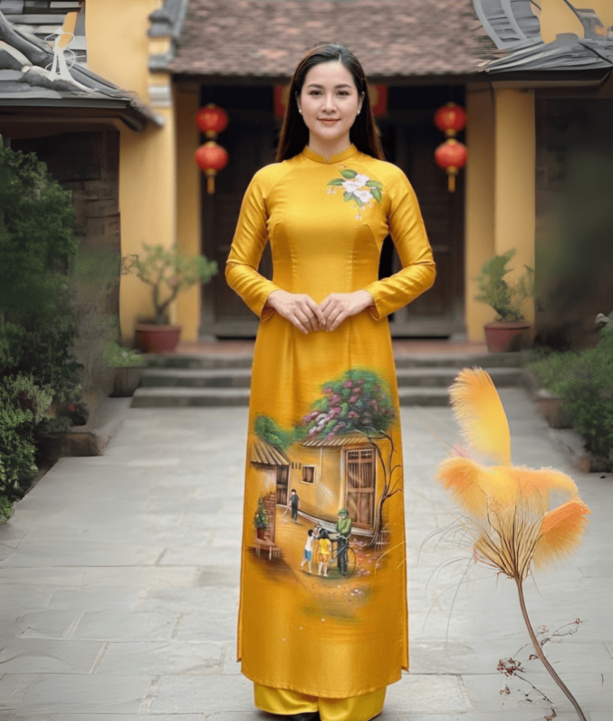 Vải áo dài vẽ tay phong cảnh