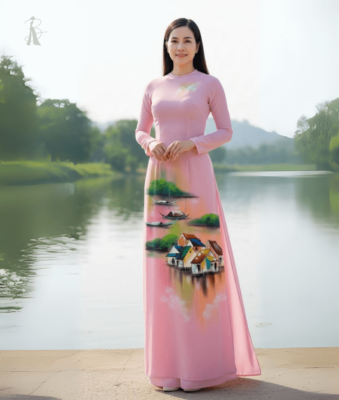 Vải áo dài vẽ tay phong cảnh