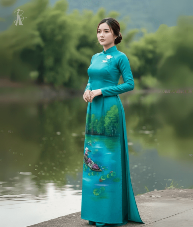 Vải áo dài vẽ tay phong cảnh