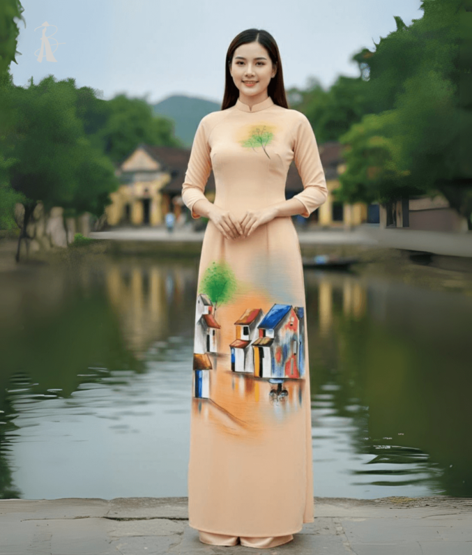 Vải áo dài vẽ tay phong cảnh phố cổ