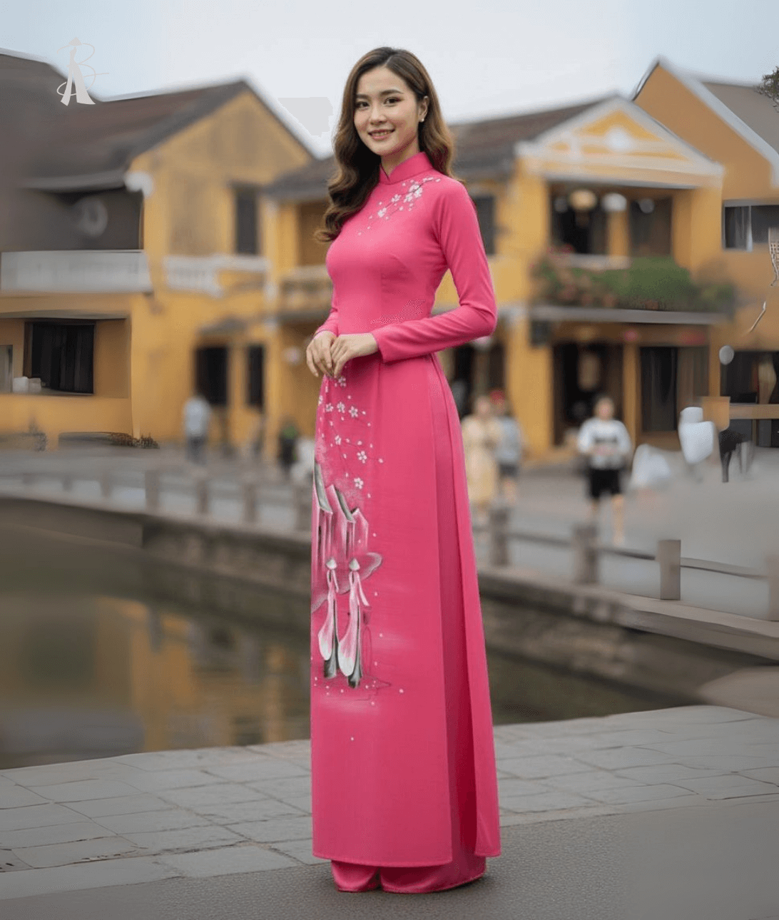 Vải áo dài vẽ tay phố cổ