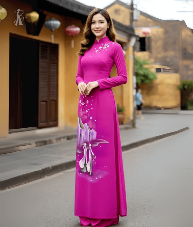 Vải áo dài vẽ tay phố cổ