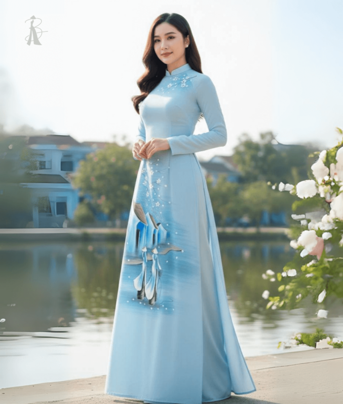 Vải áo dài vẽ tay phố cổ