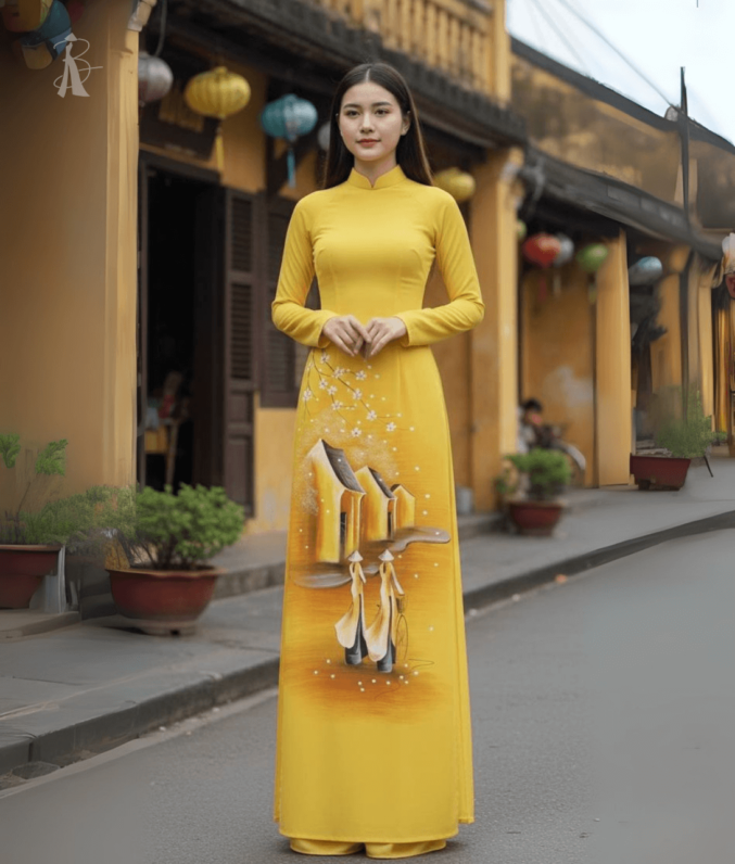 Vải áo dài vẽ tay phố cổ