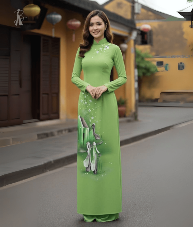 Vải áo dài vẽ tay phố cổ