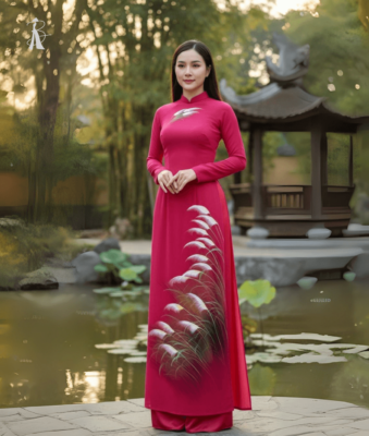 Vải áo dài vẽ tay cỏ lau