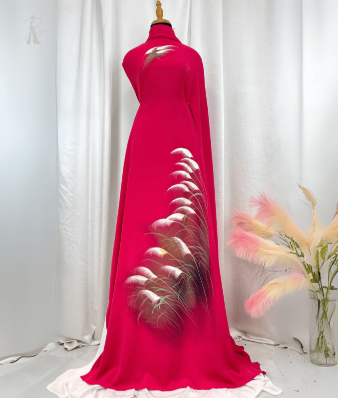 Vải áo dài vẽ tay cỏ lau