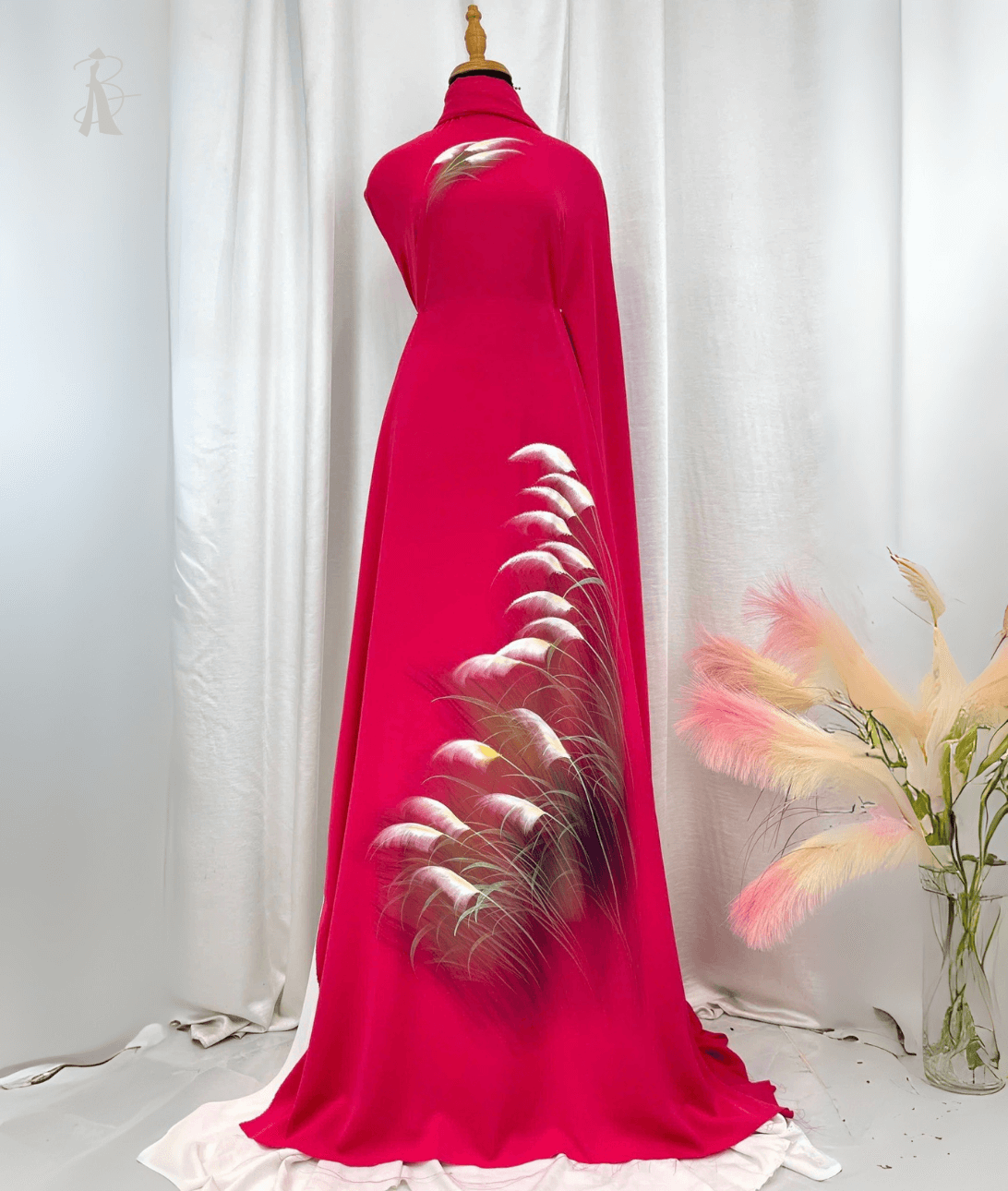 Vải áo dài vẽ tay cỏ lau