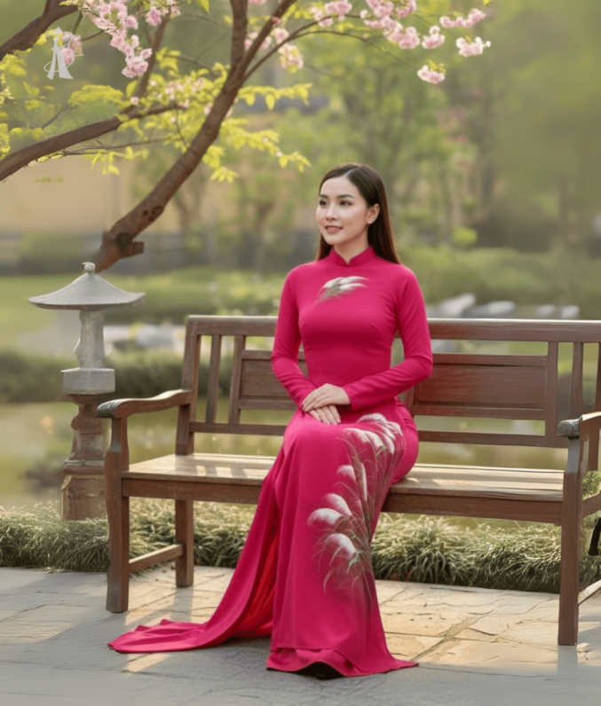 Vải áo dài vẽ tay cỏ lau