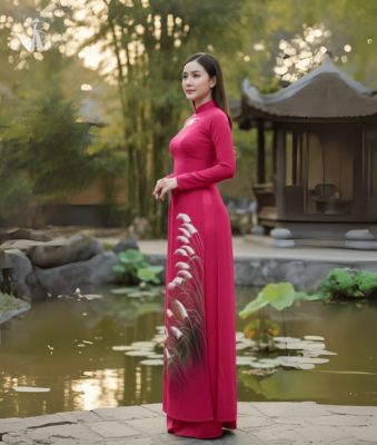 Vải áo dài vẽ tay cỏ lau