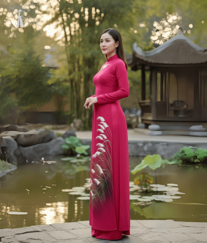 Vải áo dài vẽ tay cỏ lau