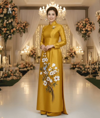 vải áo dài vẽ tay dành cho bà sui