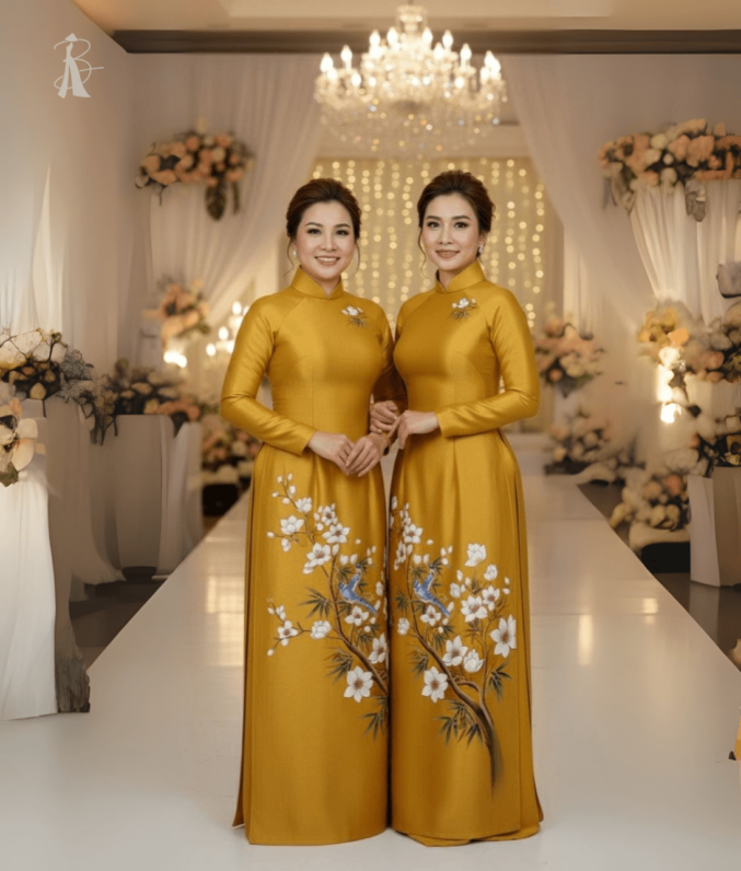 vải áo dài vẽ tay dành cho bà sui