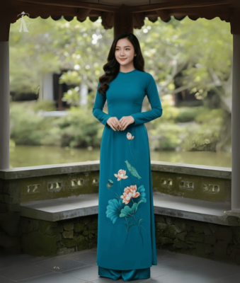 vải áo dài vẽ tay hoa sen
