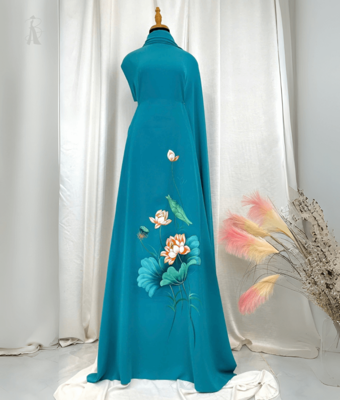 vải áo dài vẽ tay hoa sen