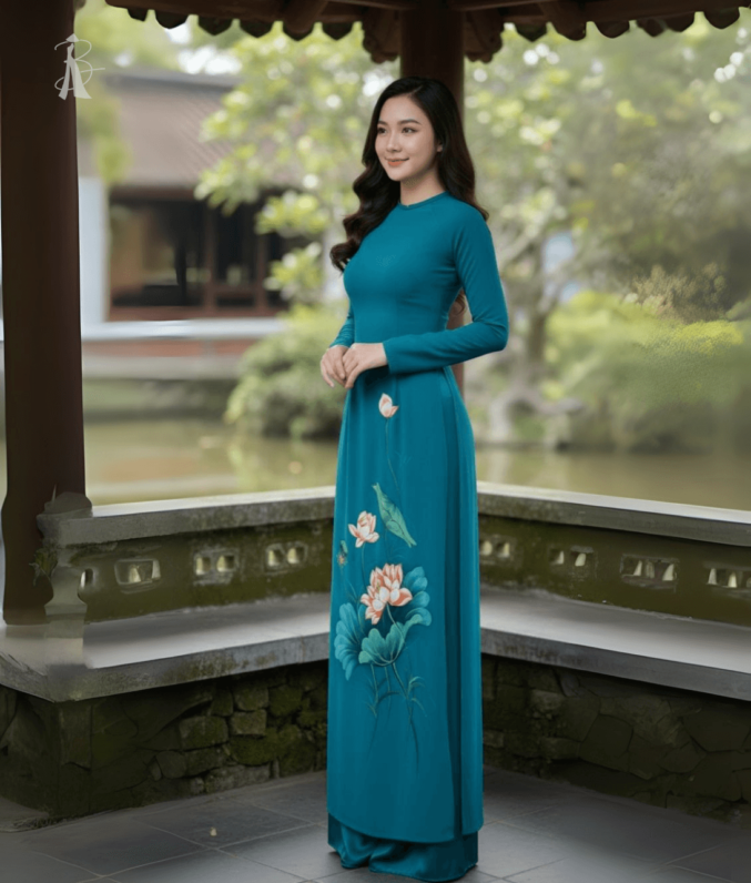 vải áo dài vẽ tay hoa sen