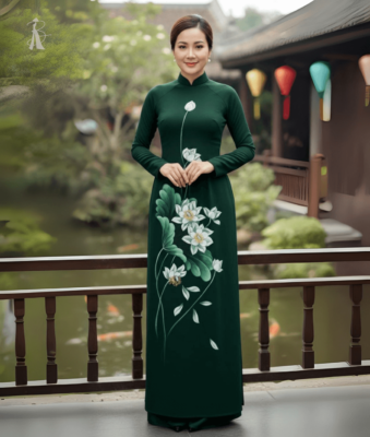 vải áo dài vẽ tay hoa sen trắng