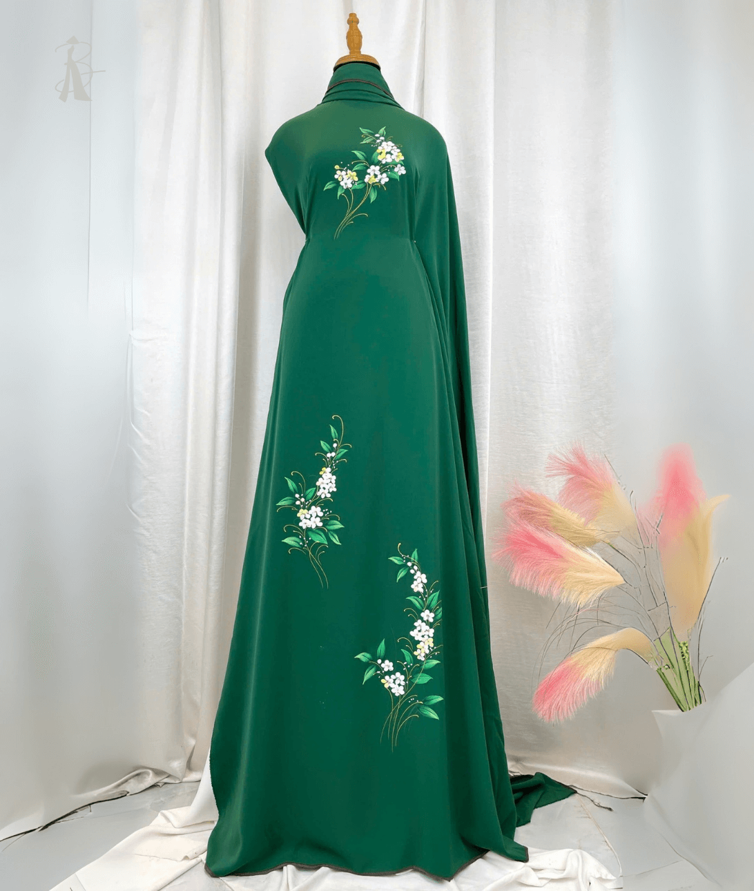 vải áo dài vẽ tay xanh ngọc