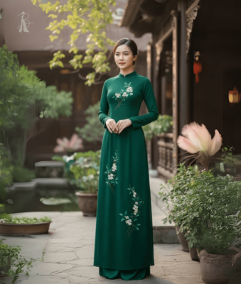 vải áo dài vẽ tay xanh ngọc