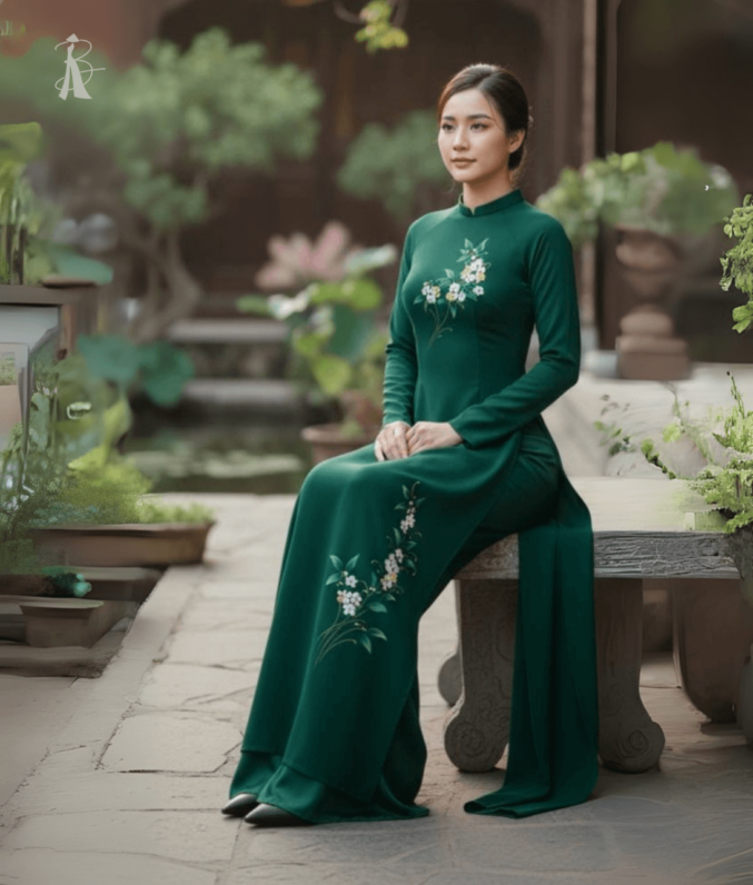 vải áo dài vẽ tay xanh ngọc